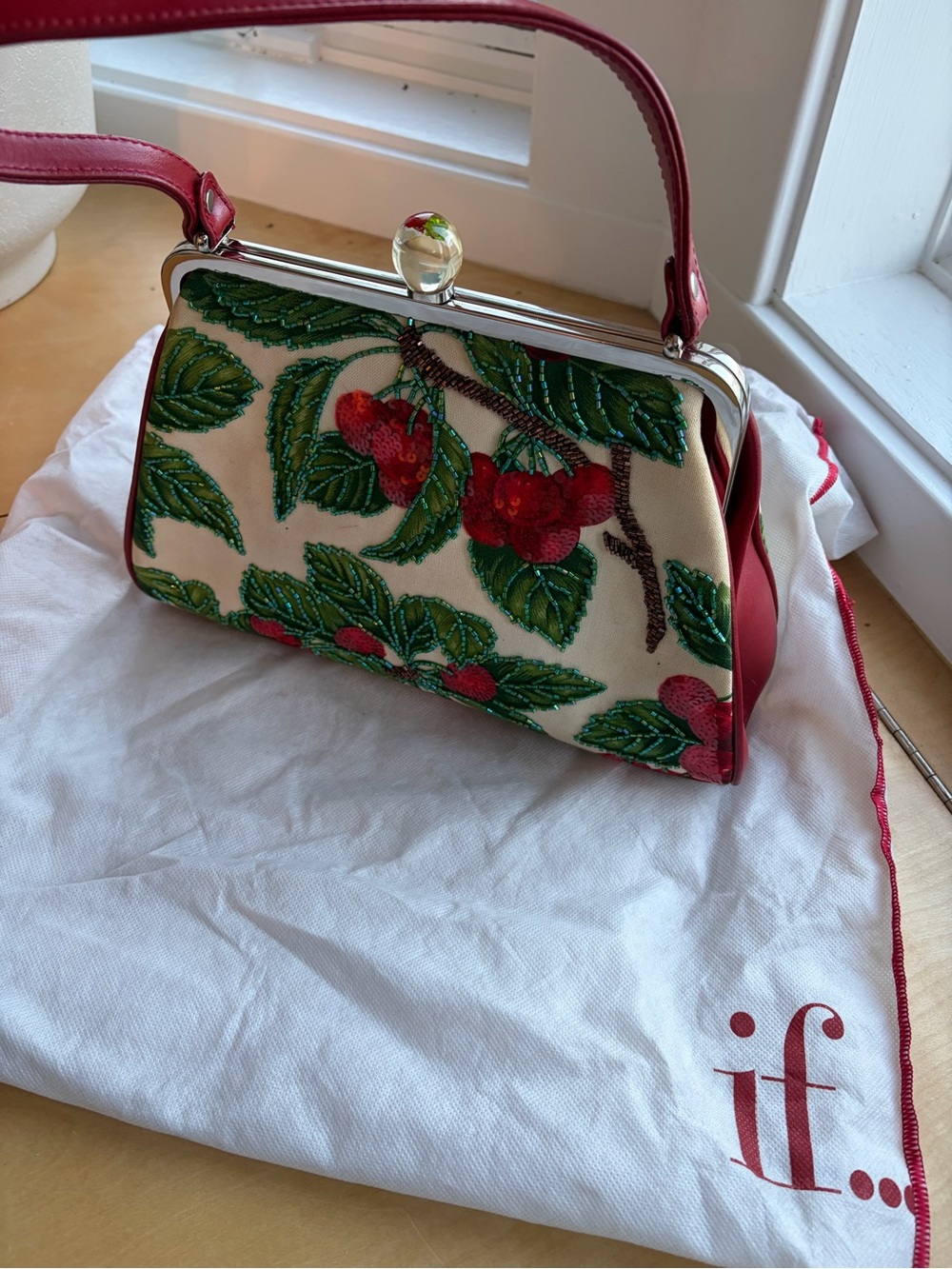 Vintage Isabella Fiore Cream Frame Clutch with Red Cherry Embroidery
